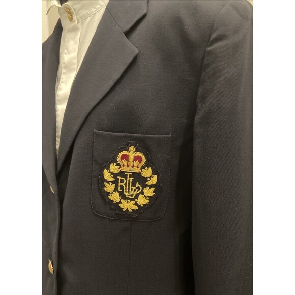 Lauren Ralph Lauren Vtg Blazer Women's 16 Navy Worsted Wool Jacket 3D Gold Crest - Picture 6 of 16